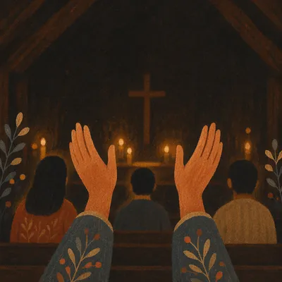 Raised Hands in Dim Chapel Light