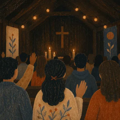 Warm Bokeh Lights in Chapel Gathering