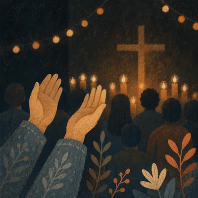 Raised Hands in Dim Chapel Light