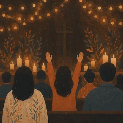 Silhouettes Praying in Chapel Bokeh Light