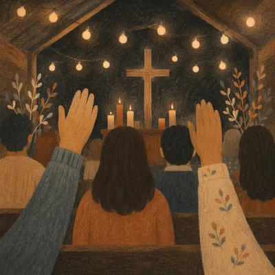 Warm Bokeh Lights in Wooden Chapel
