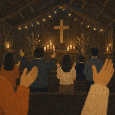 Silhouetted Worship Gathering in Wooden Chapel