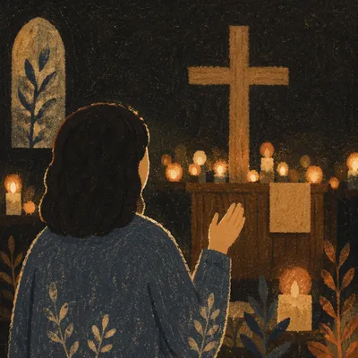 Silhouetted Figure Facing Cross and Candlelights