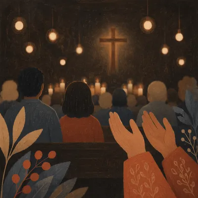 Raised Hands in Candlelit Church Bokeh