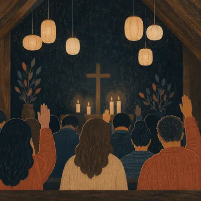 Soft Bokeh Lights in Wooden Chapel