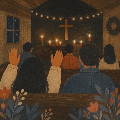 Raised Hands in Dim Chapel Lights