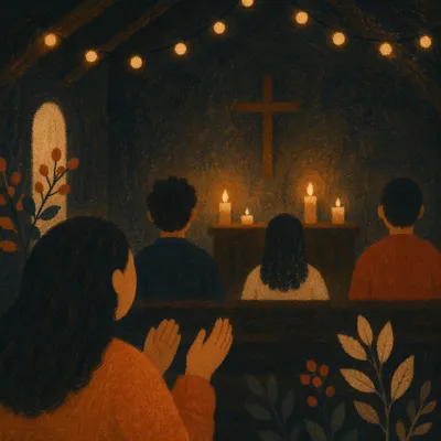 Silhouetted Worshippers in Candlelit Chapel