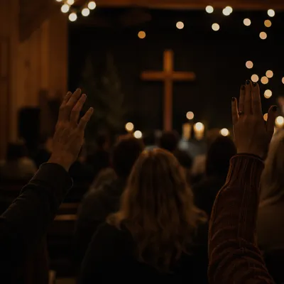 Raised Hands in Candlelit Chapel