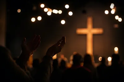 Raised Hands in Dim Chapel Bokeh