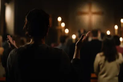 Silhouetted Figure in Dim Chapel Lights