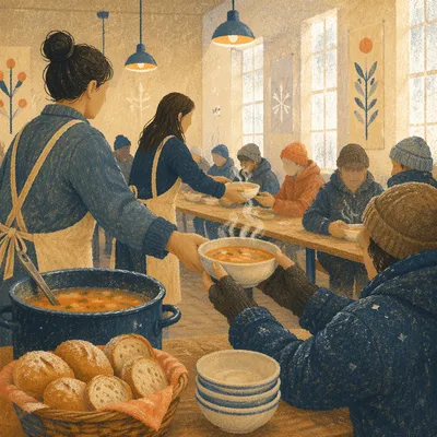 Church Soup Kitchen Volunteers Serving Warm Meals