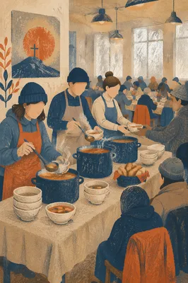Church Soup Kitchen Volunteers Serving Warm Meals