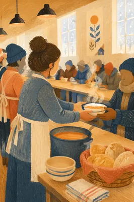 Church Soup Kitchen Volunteers Serving Warm Meals