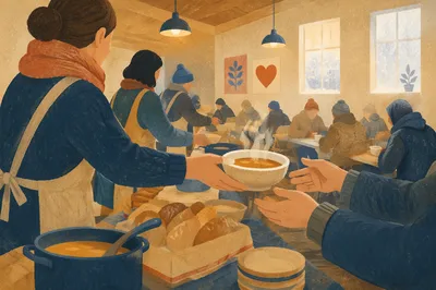 Church Soup Kitchen Volunteers Serving Warm Meals