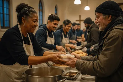 Volunteers Serving Meals in Church Hall