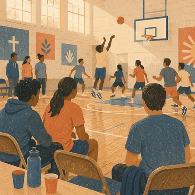 Church Basketball Outreach in Warm Gym Light