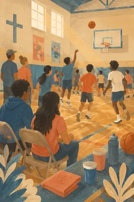 Church Basketball Outreach in Warm Gym Light