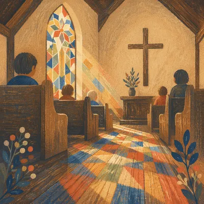 Colorful Stained Glass Light in Wooden Chapel