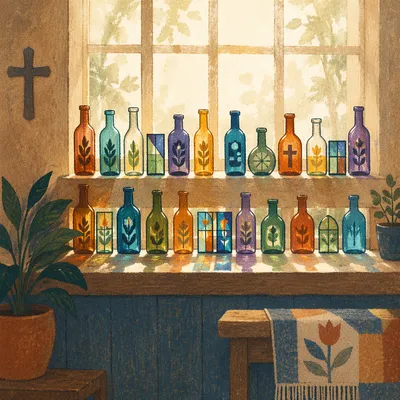 Colorful Stained Glass Bottles in Church Fellowship Room