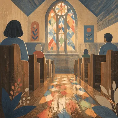 Colorful Stained Glass Light in Wooden Chapel