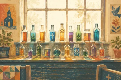 Colorful Stained Glass Bottles on Church Windowsill