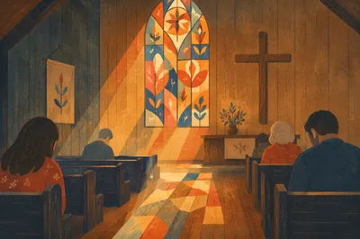 Colorful Stained Glass Light in Wooden Chapel