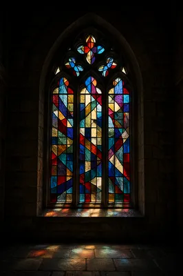 Colorful Stained Glass in Shadowed Chapel