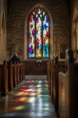 Colorful Stained Glass Light in Quiet Church