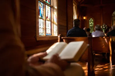 Stained Glass Light in Wooden Chapel