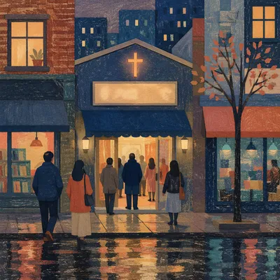 Modest Storefront Church at Evening