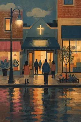 Hopeful Storefront Church at Evening