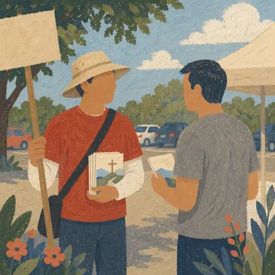 Street Evangelism Conversation on Sunny Sidewalk