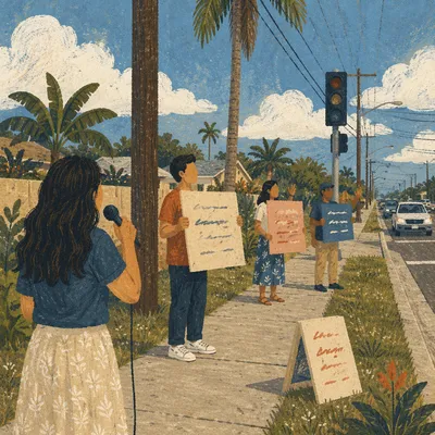 Outdoor Street Evangelism on Suburban Sidewalk
