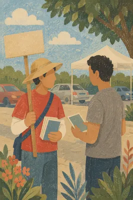 Street Evangelism Conversation on Sunny Sidewalk