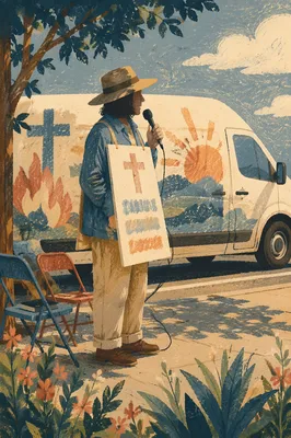 Street Evangelist Sharing Faith in Sunlit Parking Lot