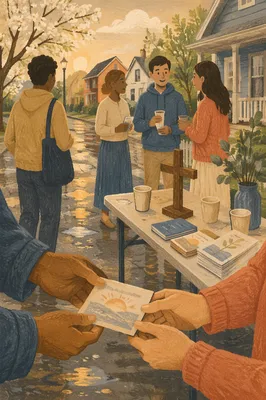 Street Evangelism Card Exchange After Spring Rain