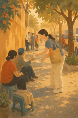 Gentle Street Evangelism on Tree Lined Sidewalk