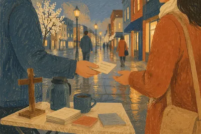 Street Evangelism at Rainy Dusk