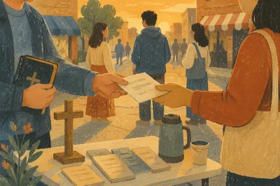 Street Evangelism Leaflet Exchange at Golden Hour