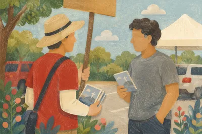 Sunny Sidewalk Street Evangelism Conversation