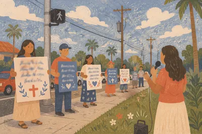 Street Evangelism Volunteers at Suburban Intersection