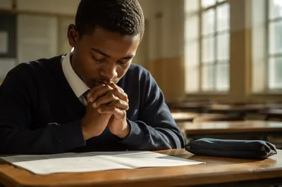Student Praying Quietly Before Classroom Exam