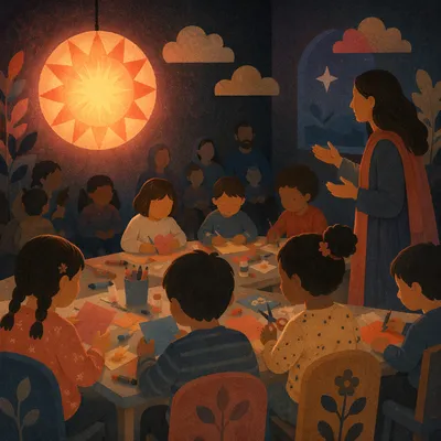 Sunday School Children Crafting Under Warm Lantern