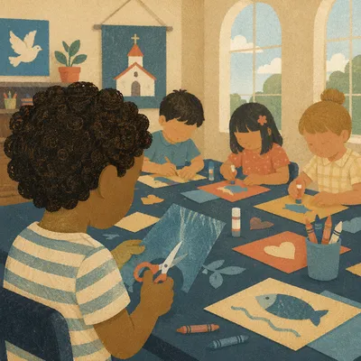 Sunday School Children Crafting in Church Classroom