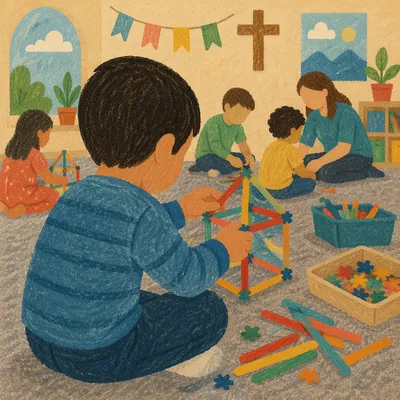 Sunday School Children Building Colorful Crafts