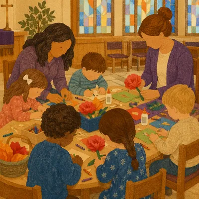 Sunday School Children Making Paper Flowers