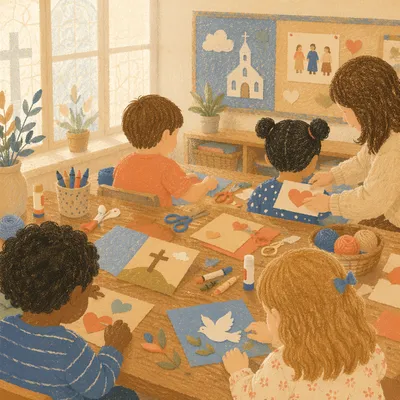 Sunday School Children Making Paper Crafts
