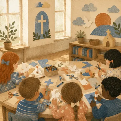 Sunday School Children Crafting Paper Crosses