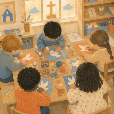 Sunday School Children Crafting Paper Doves