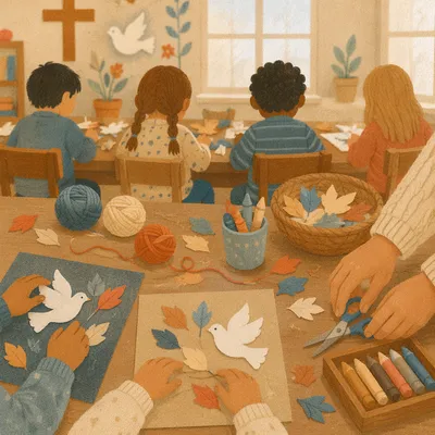 Sunday School Children Crafting in Church Classroom